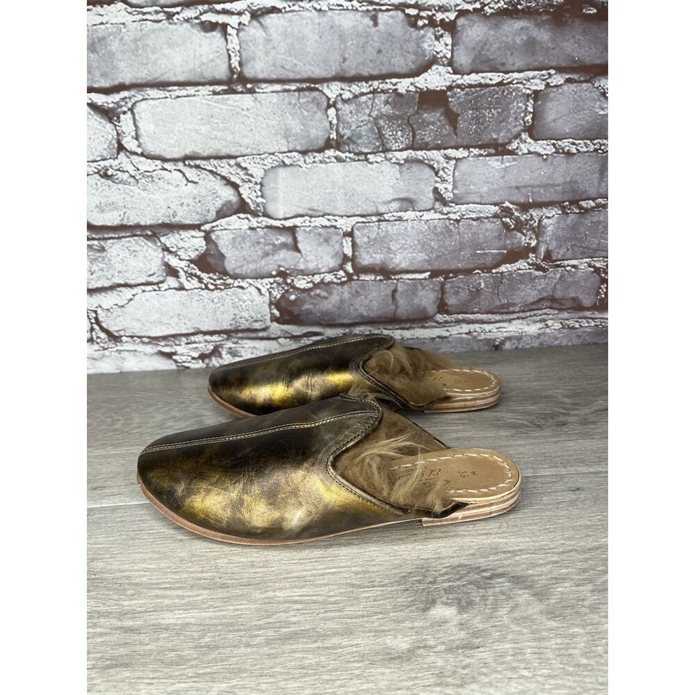 Sabah Baba Big Bend Olive Shearling Bronze Slippers Mules Flats Women 36EU/6M US